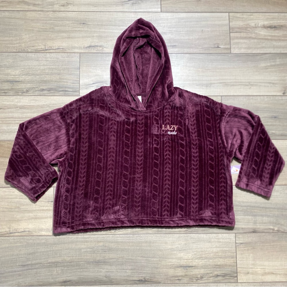 Joyspun Womens Soft Fleece Cropped Lazy‎ Mode Lounge Hoodie Size L Burgundy